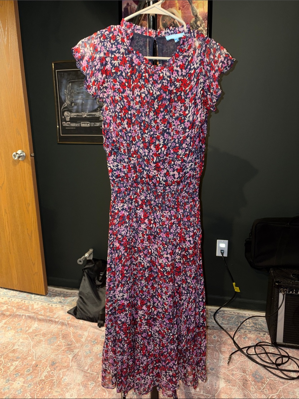 Draper James Red and Purple Floral Flutter-Sleeve MIDI Dress